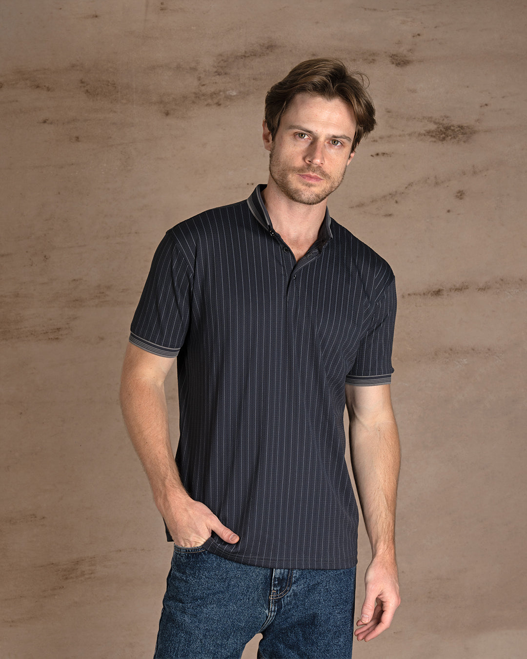 Dark Gray Cotton Striped Polo Shirt With Button