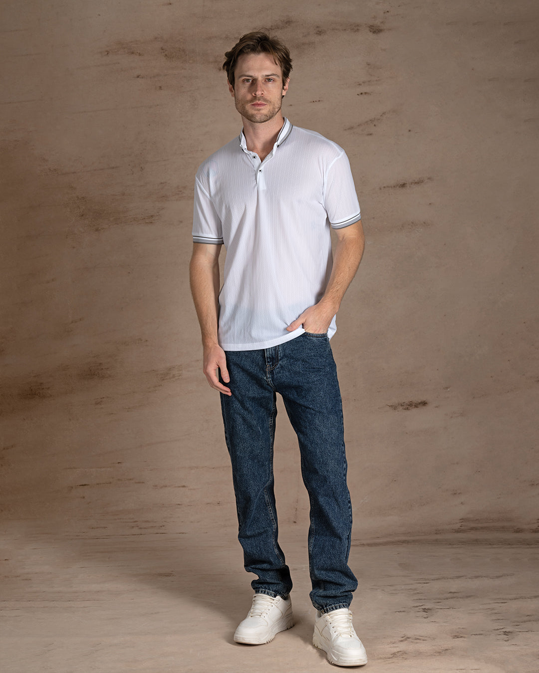 White Cotton Striped Polo Shirt With Button
