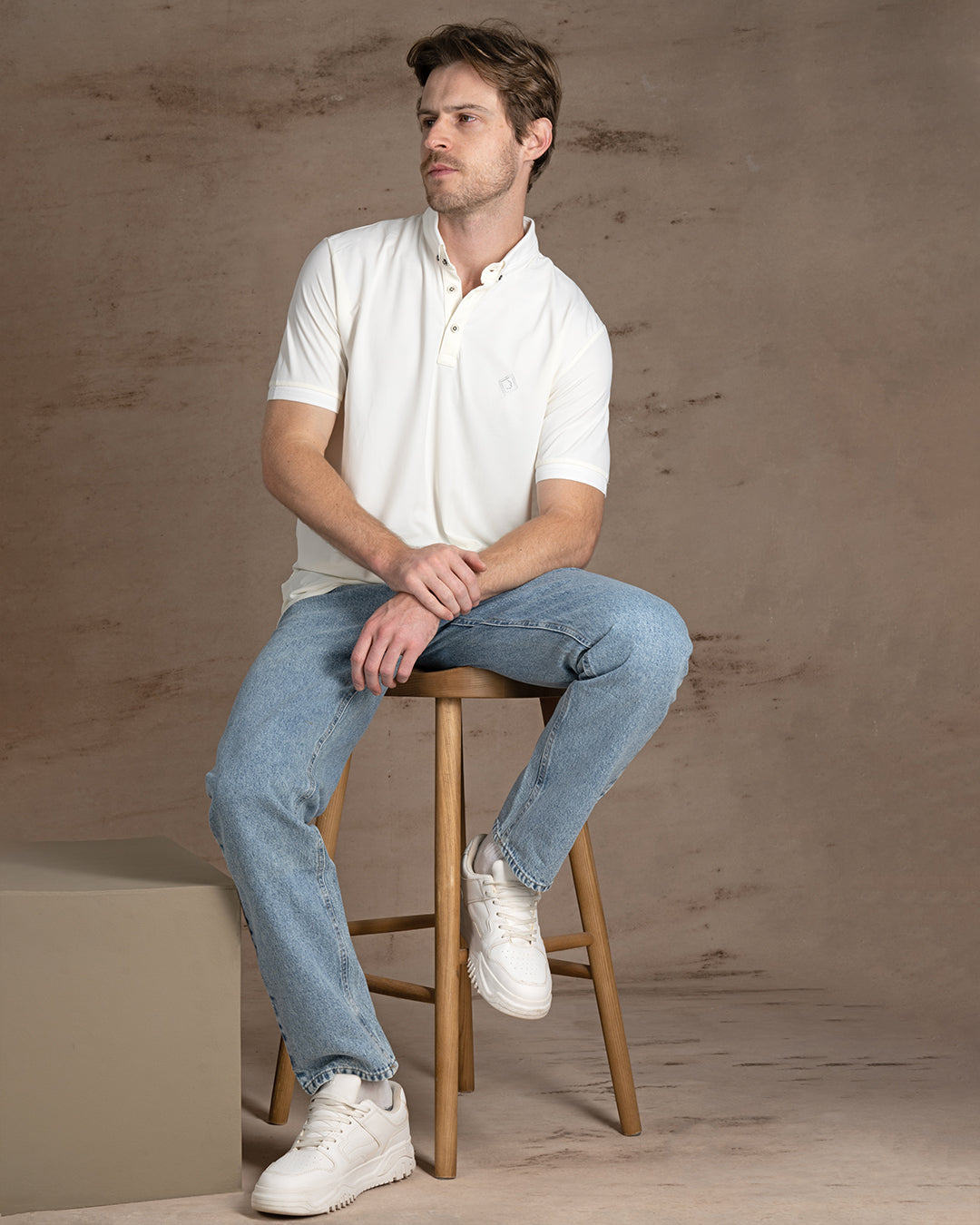 Off-White Cotton Polo Shirt With Button