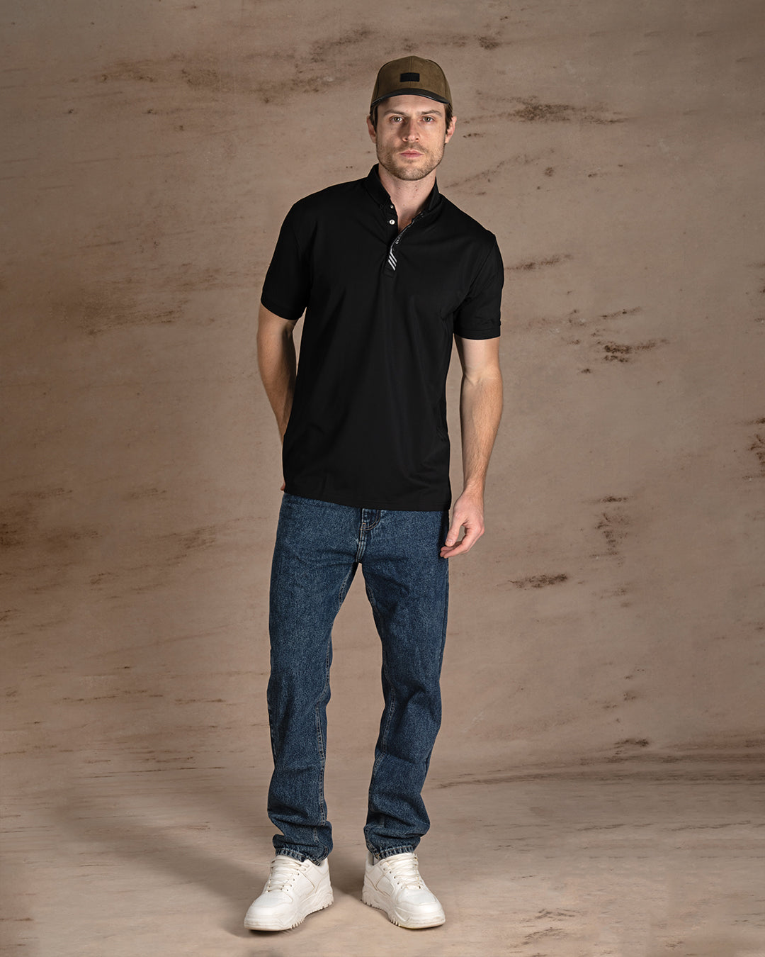Black Cotton Knitted Polo Shirt With Button