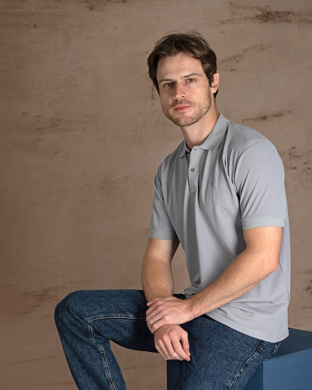 Gray Cotton Knitted Polo Shirt Short sleeves