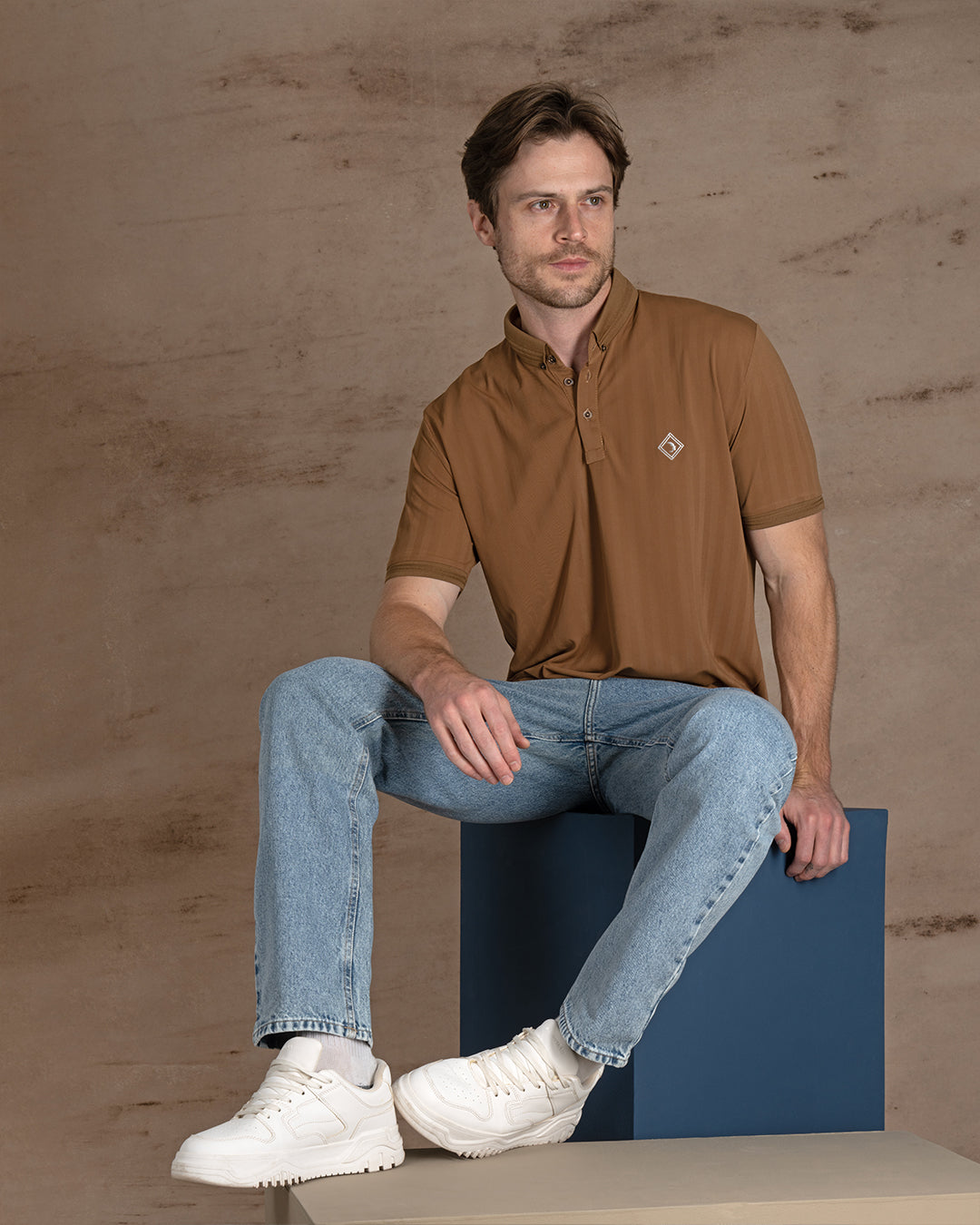 Camel Cotton Polo Shirt With Button