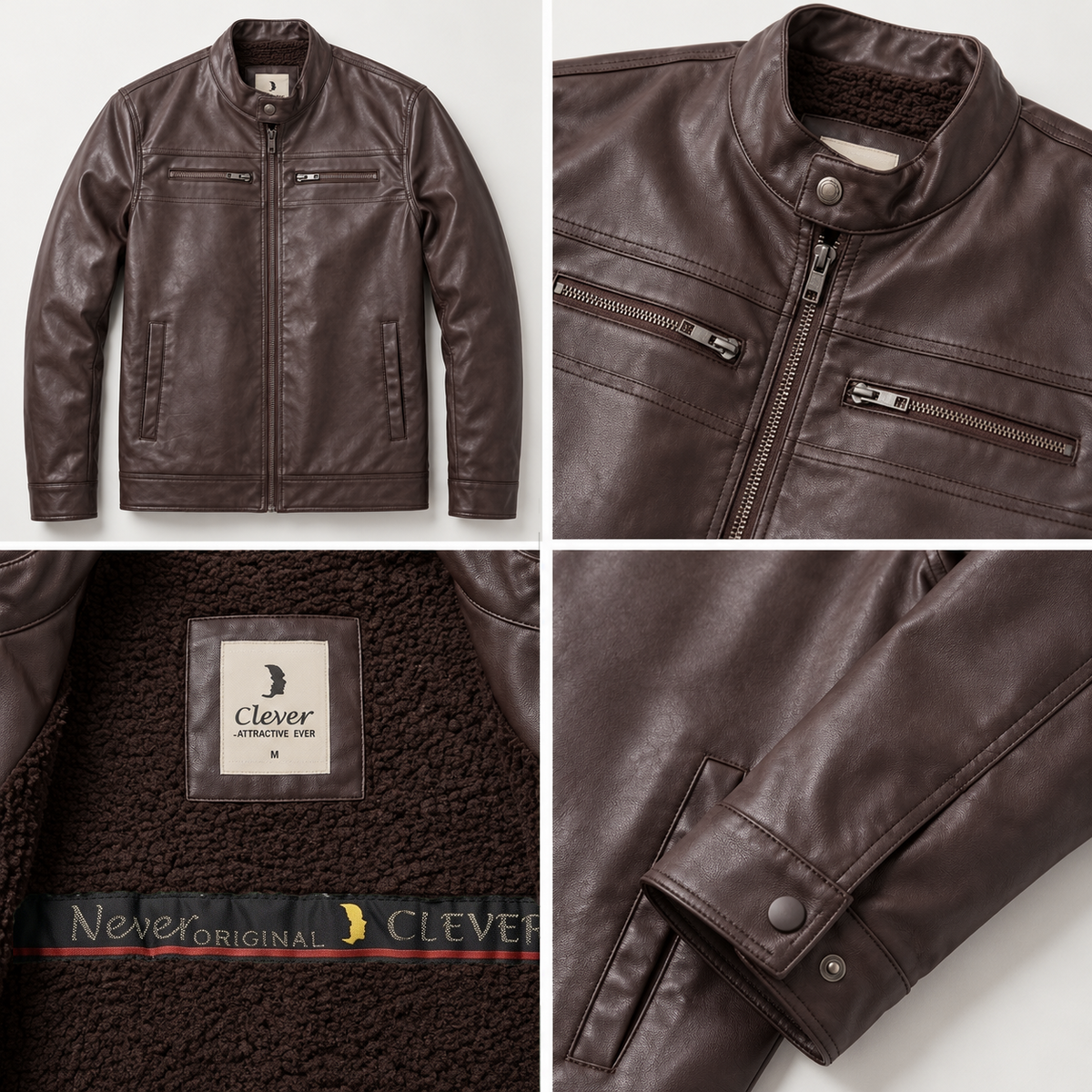 Classic Shearling-Lined Faux Leather Jacket - Dark Brown