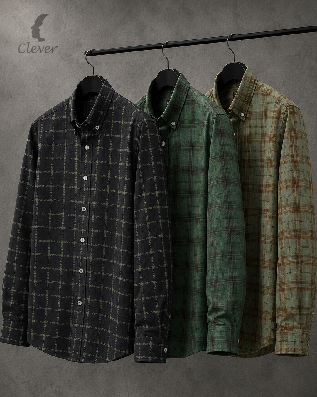 Green with Brown Line Checkered Long Sleeve Cotton Piqué Shirt