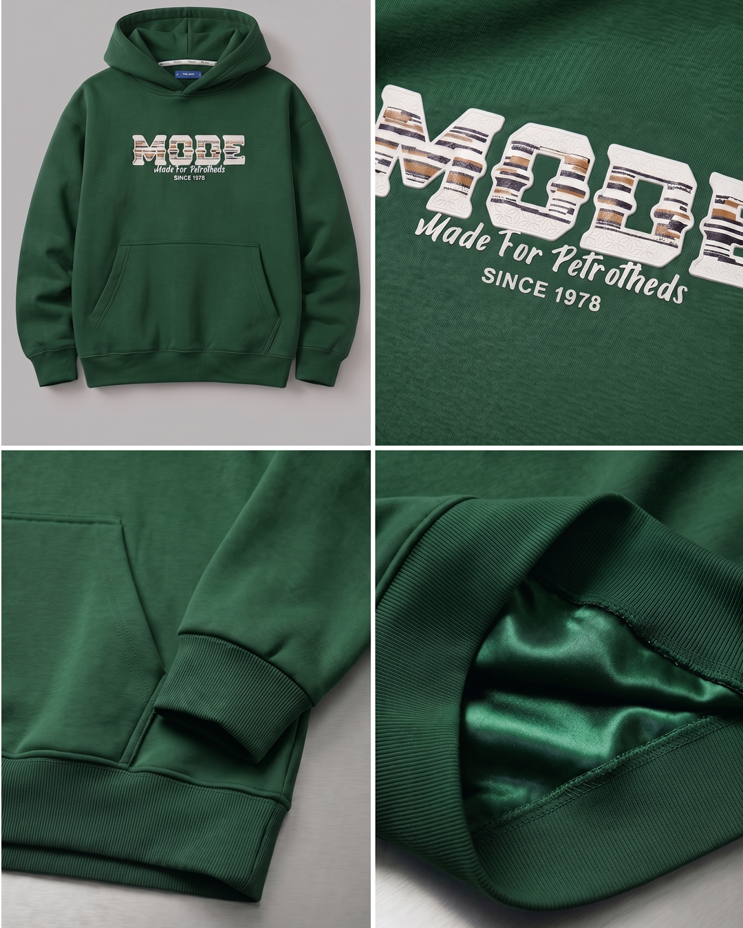 Hoodie with a prominent "MODE" print - green