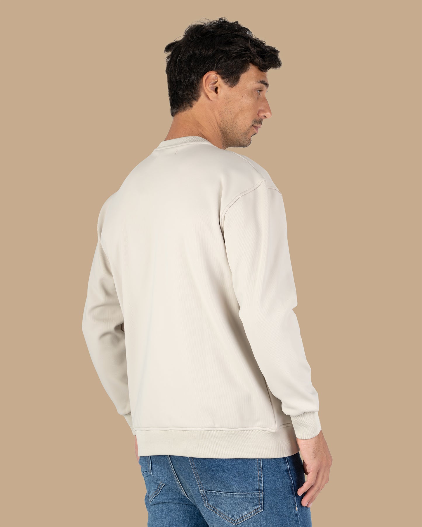 Beige Round-Neck Printed Cotton Hoodie