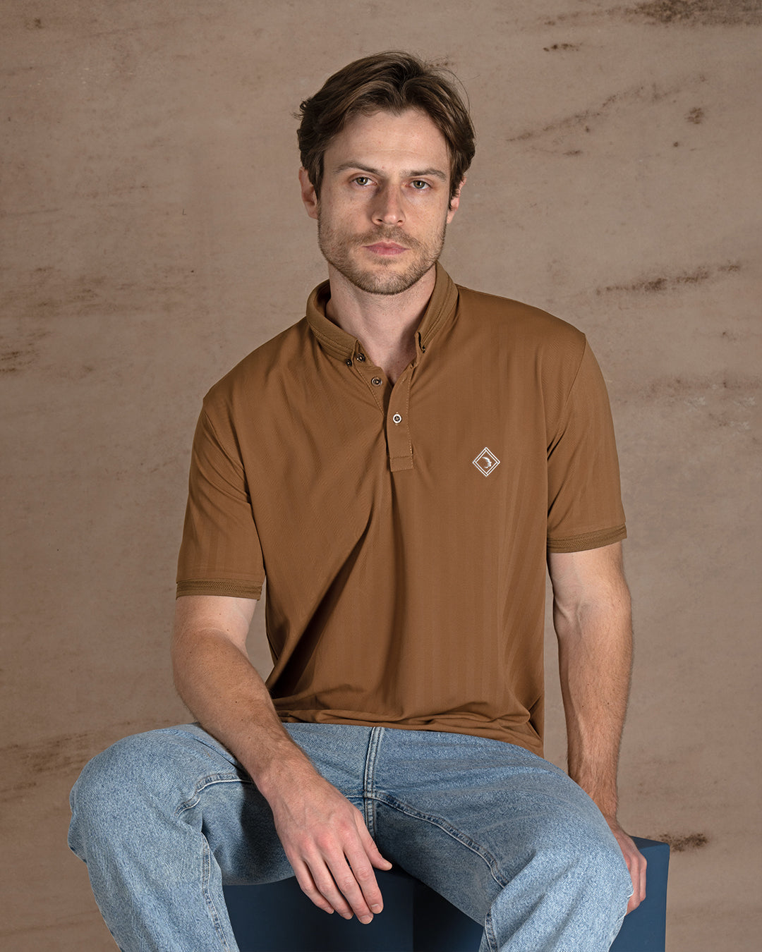 Camel Cotton Polo Shirt With Button