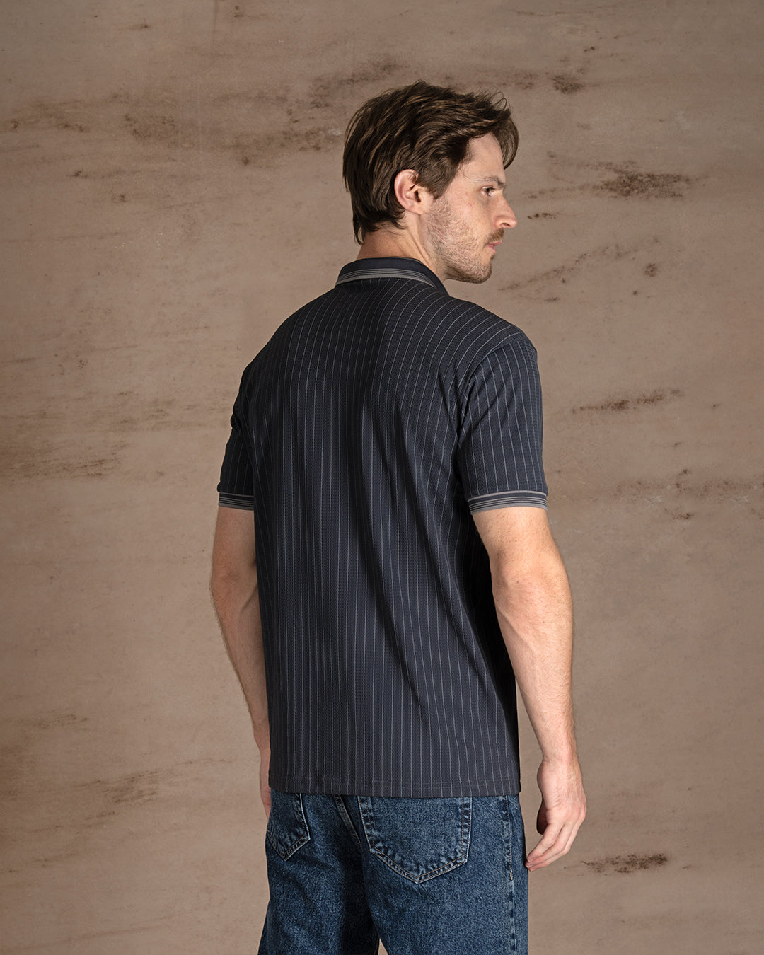 Dark Gray Cotton Striped Polo Shirt With Button