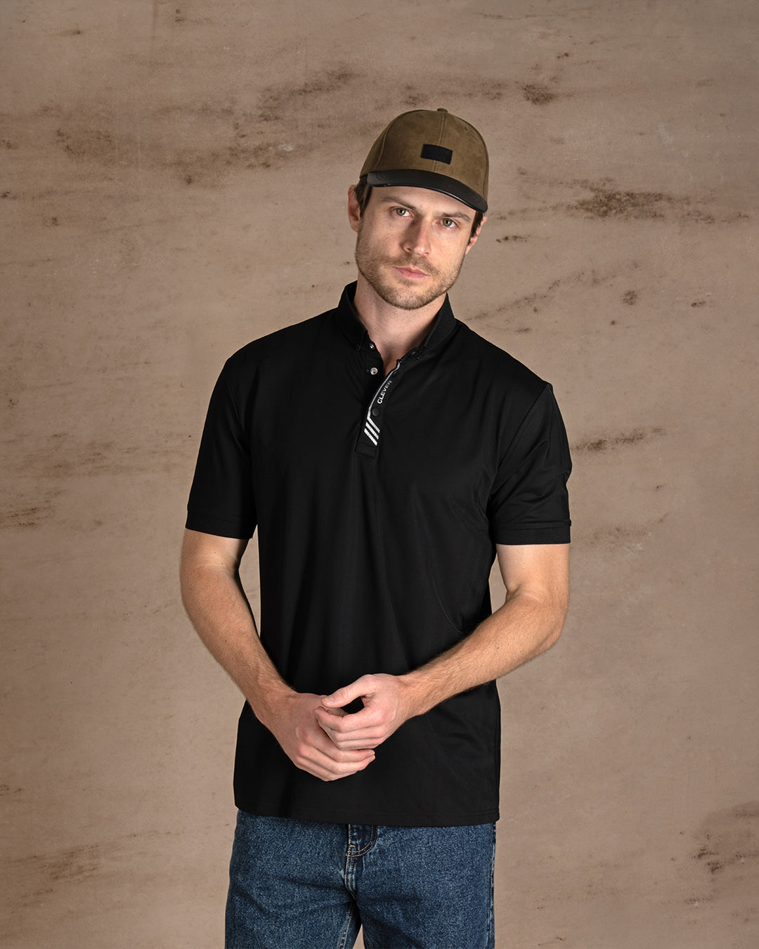 Black Cotton Knitted Polo Shirt With Button