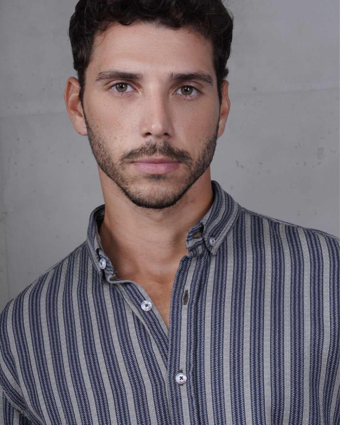 Navy Blue Striped Short Sleeve Cotton Shirt
