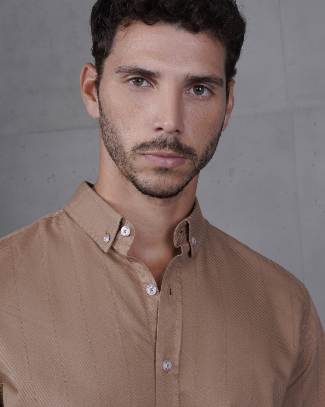 Dark Beige Cotton Subtle Vertical Striped Shirt