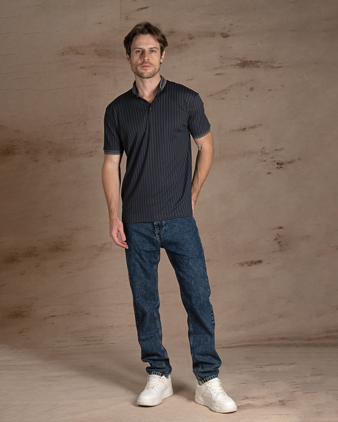 Dark Gray Cotton Striped Polo Shirt With Button