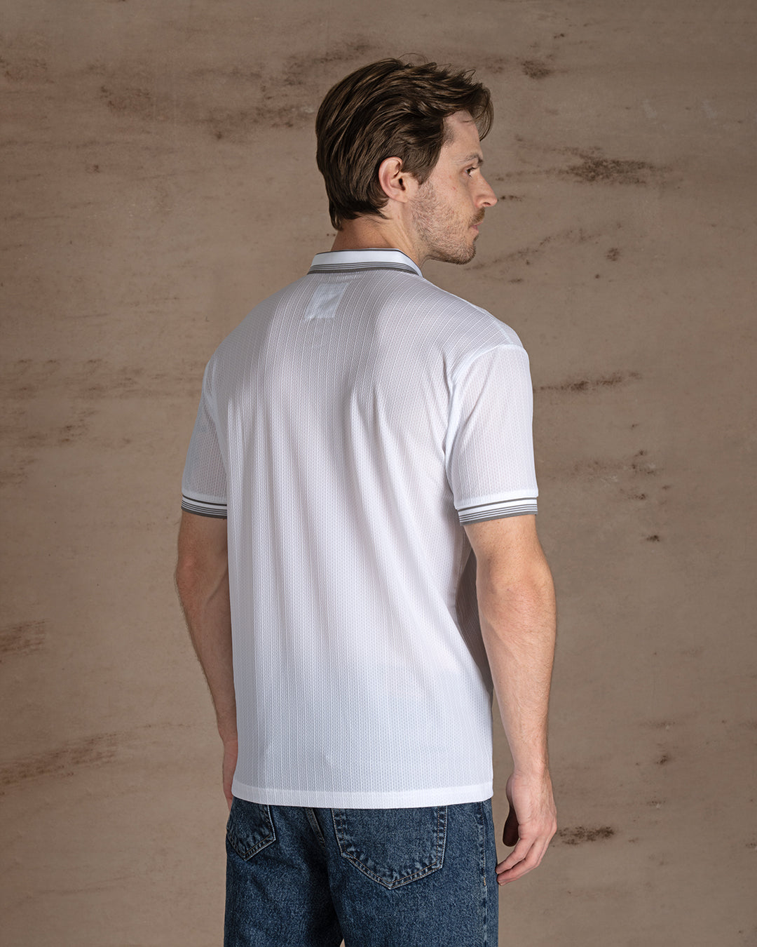White Cotton Striped Polo Shirt With Button