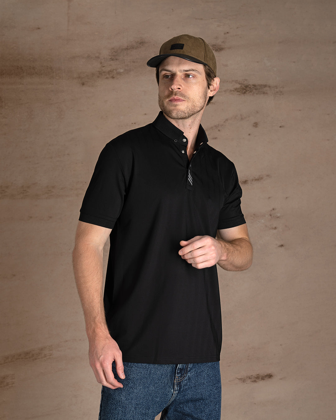 Black Cotton Knitted Polo Shirt With Button