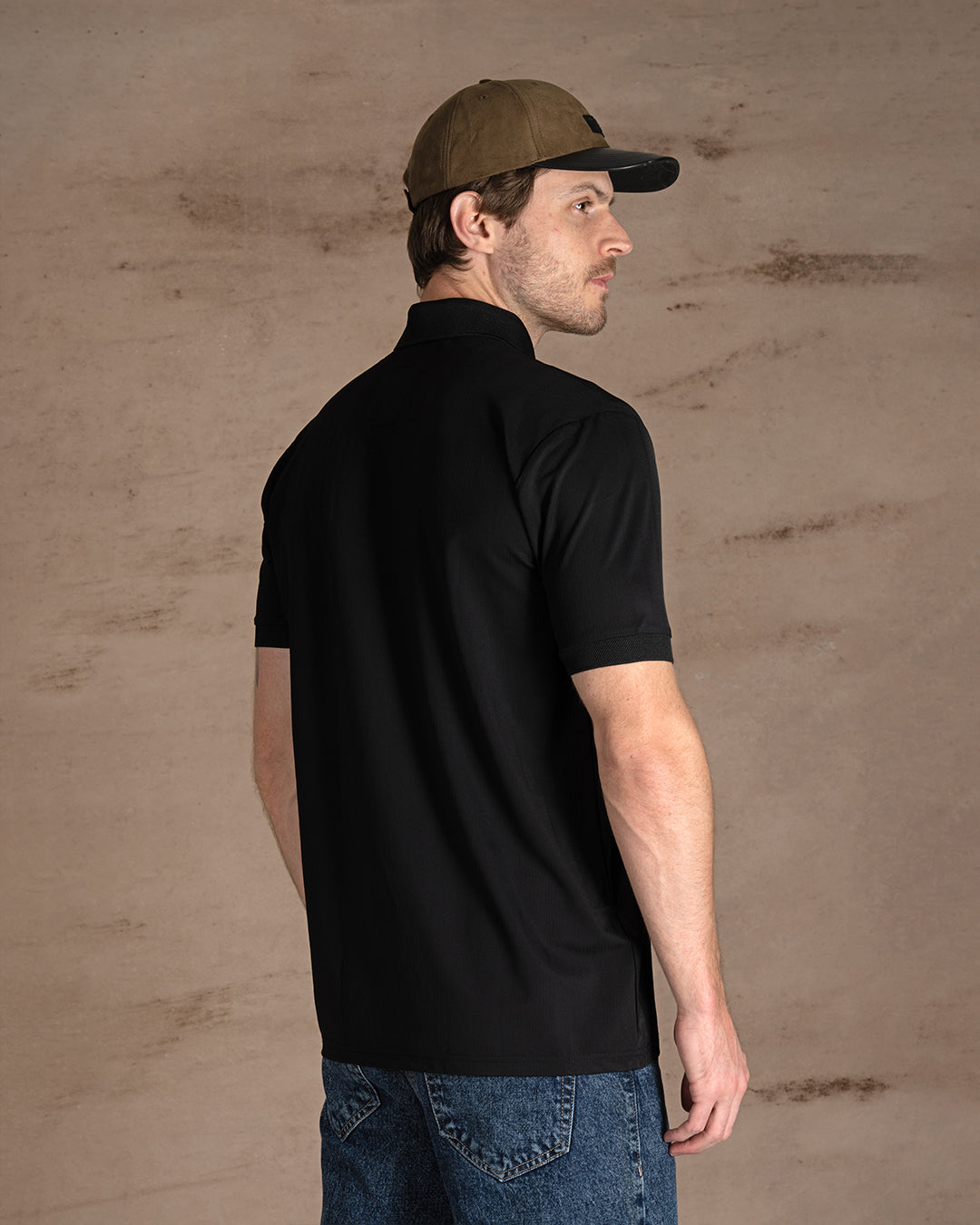 Black Cotton Knitted Polo Shirt With Button