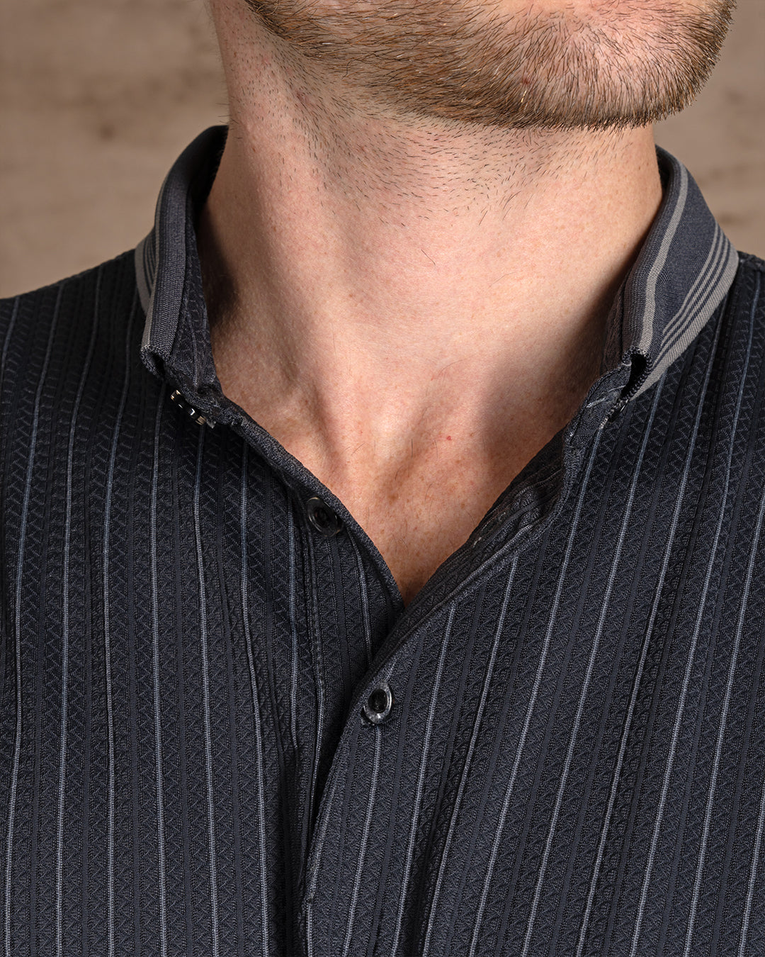 Dark Gray Cotton Striped Polo Shirt With Button