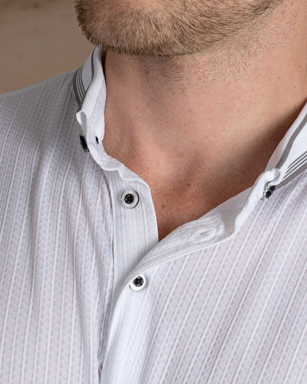 White Cotton Striped Polo Shirt With Button