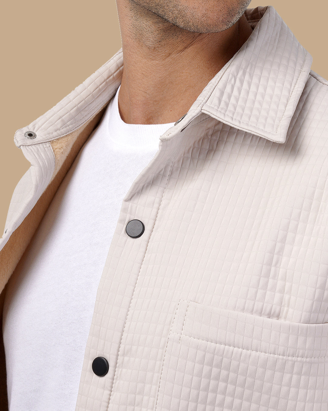 Classic Grid-Textured Quilted Jacket - Beige