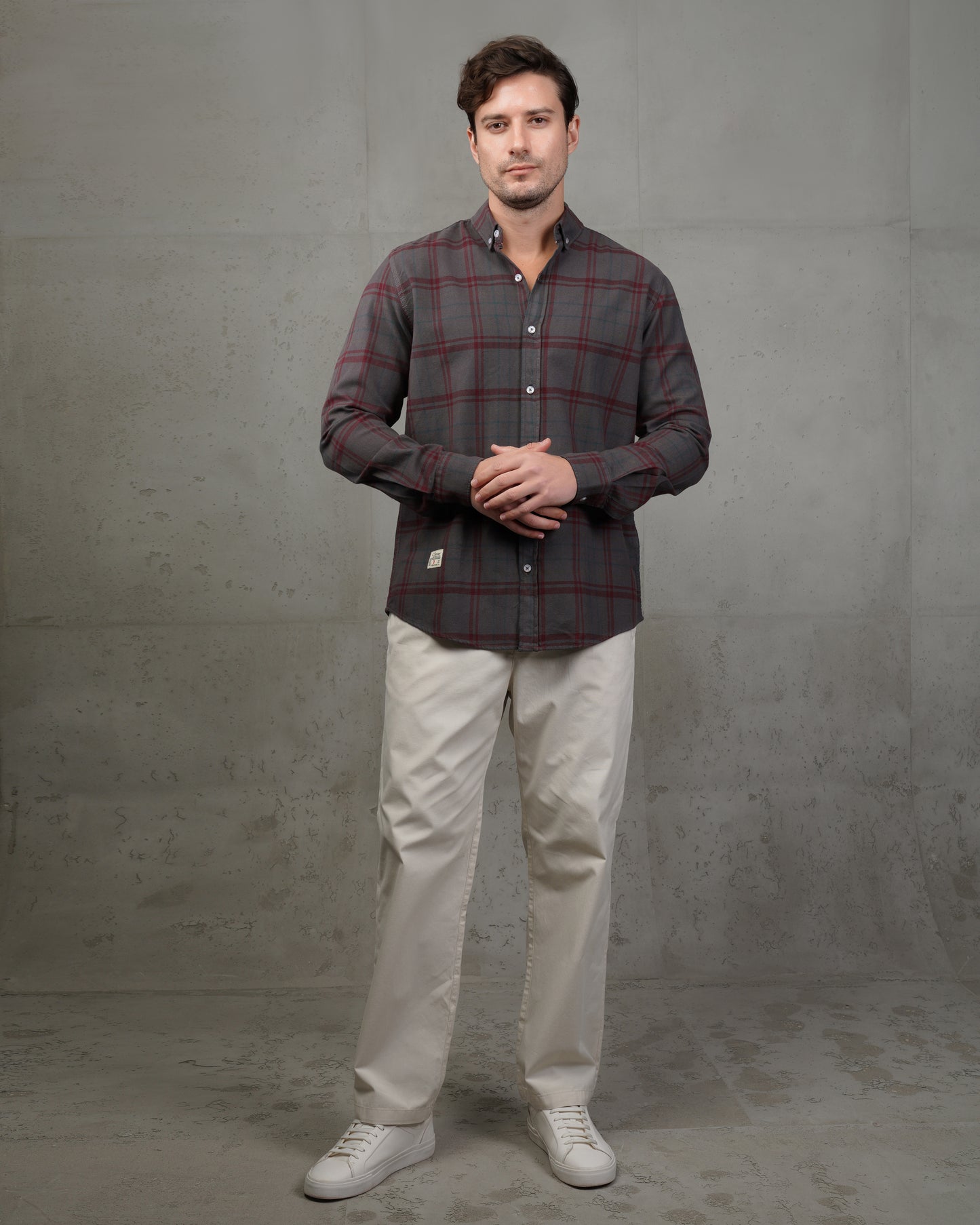 Dark Grey with Burgundy Lines Cotton Checkered Shirt