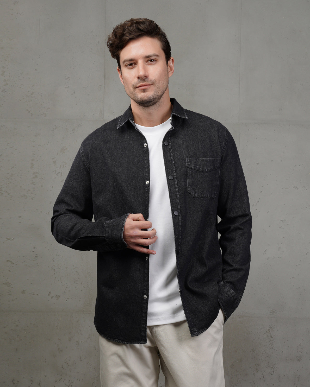 Black Plain Denim Shirt