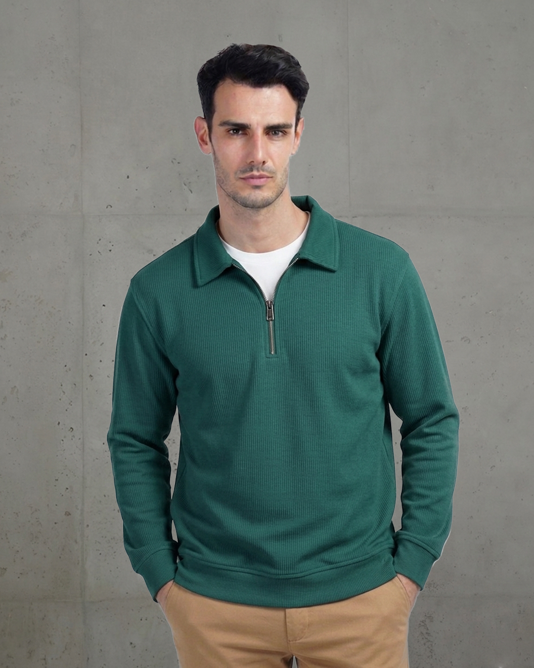 Dark Green Half-Zip Cotton Pullover