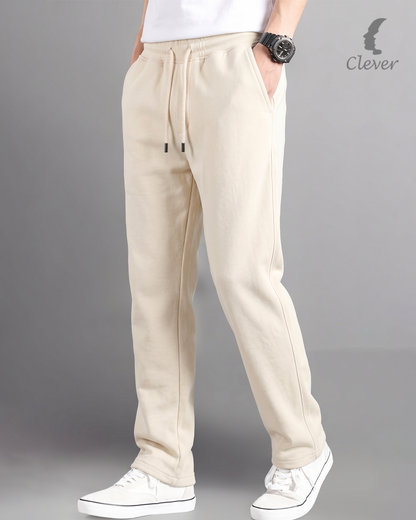 Beige Wide Leg Melton Cotton Sweatpants