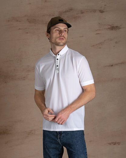 White Cotton Knitted Polo Shirt With Button