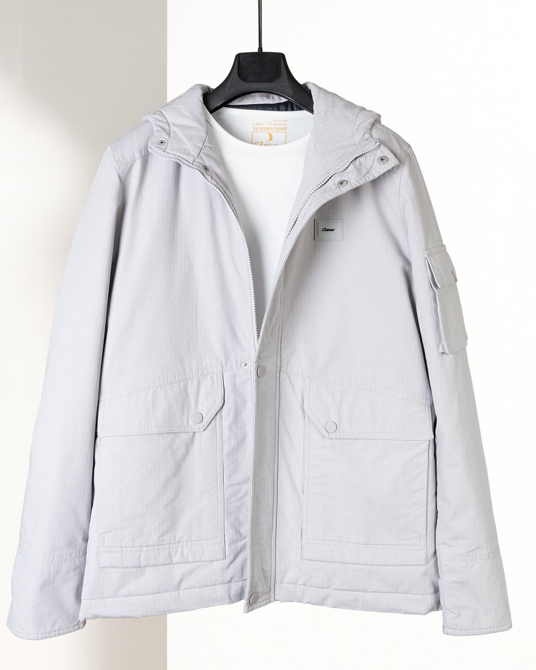 Grey Gabardine Hooded Jacket with Pockets