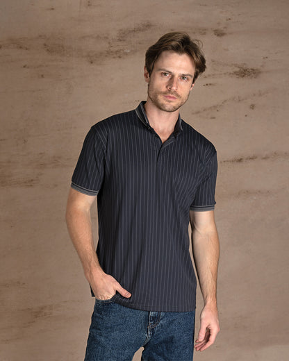 Dark Gray Cotton Striped Polo Shirt With Button