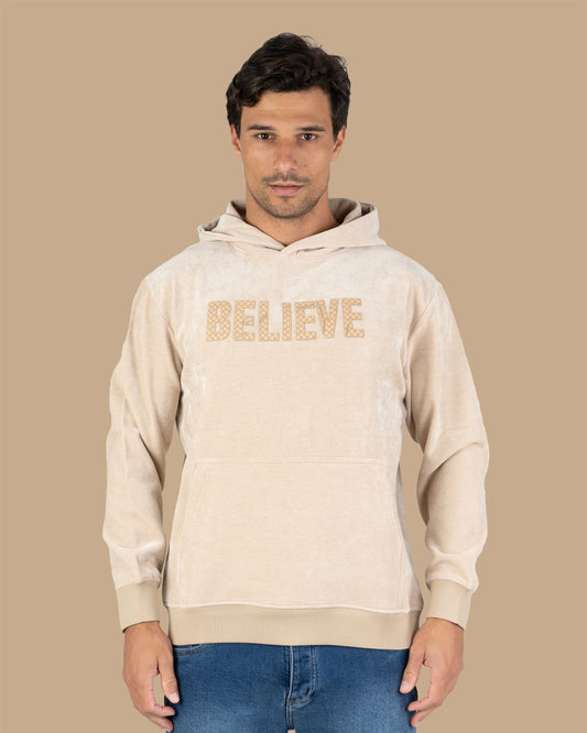 Light-Beige Printed Velvet Hoodie