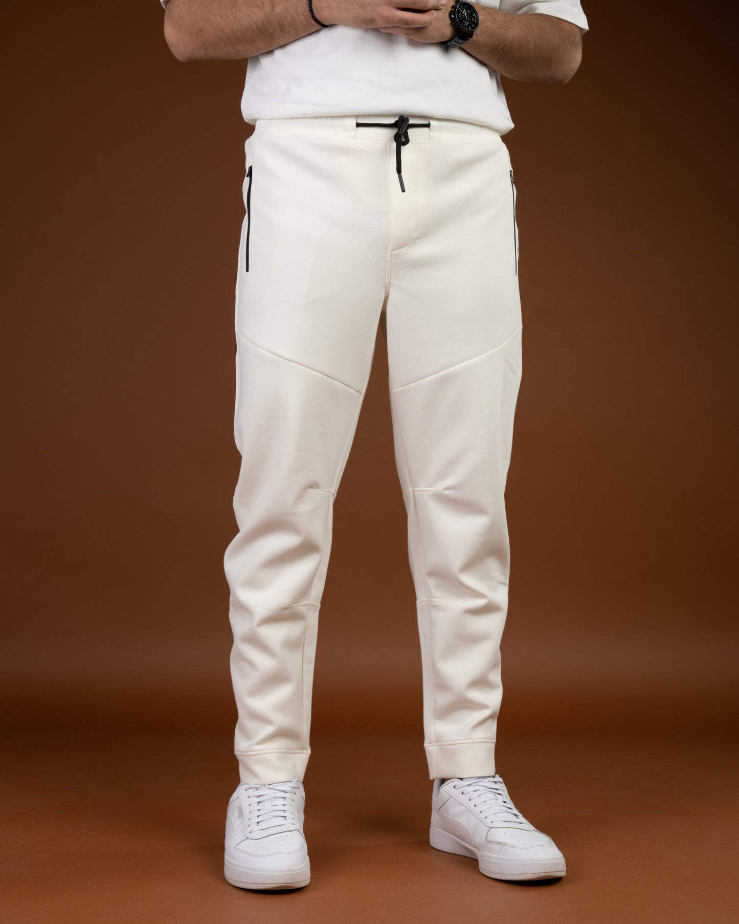 Beige Flex Zip-Pocket Cotton Joggers