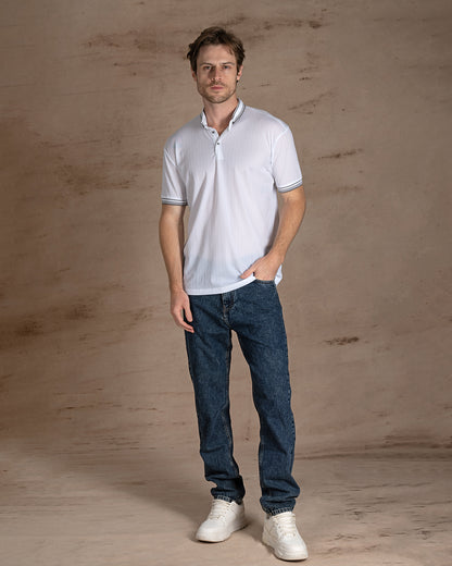 White Cotton Striped Polo Shirt With Button
