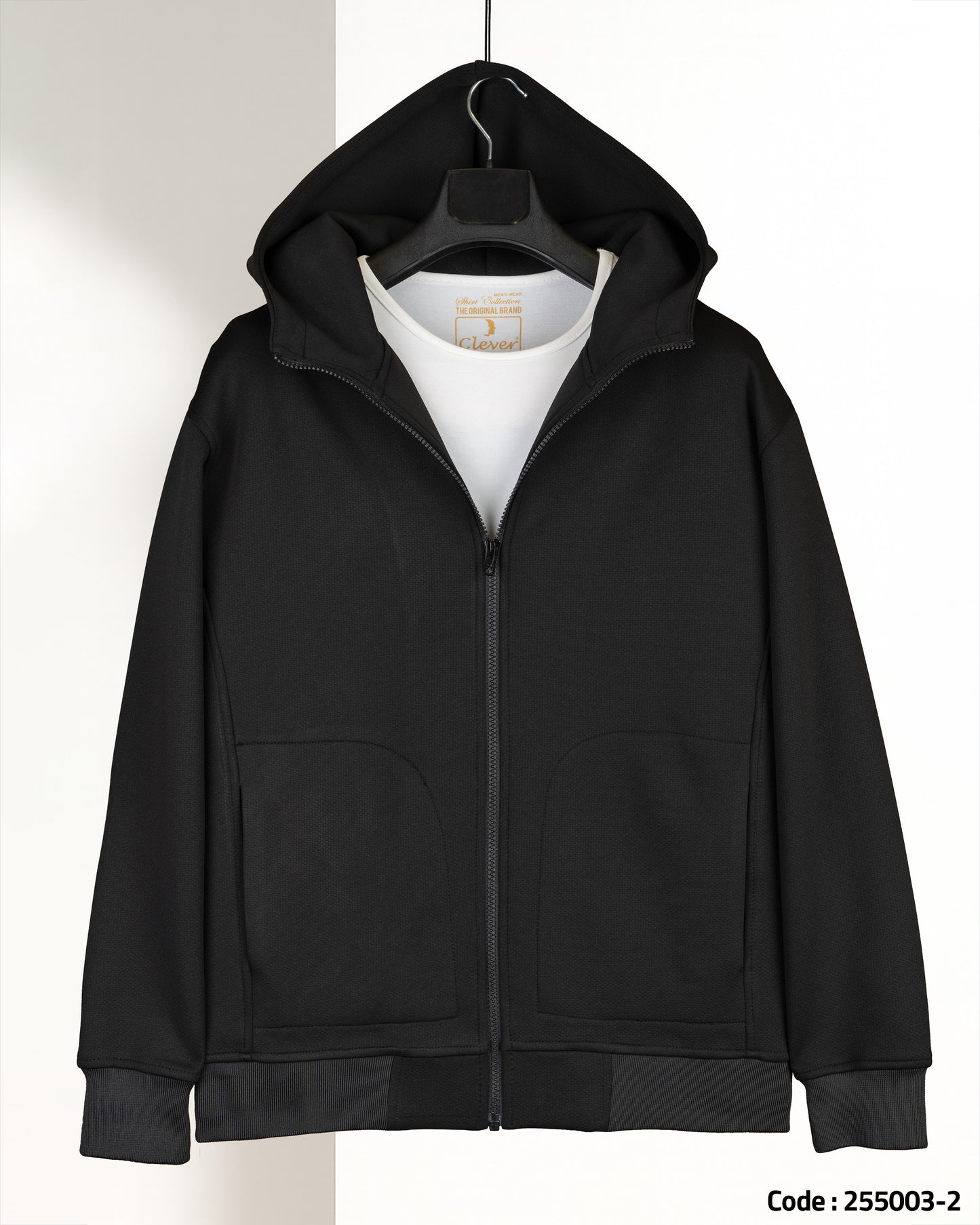 Black Modern Full-Zipper Plain Cotton Hoodie