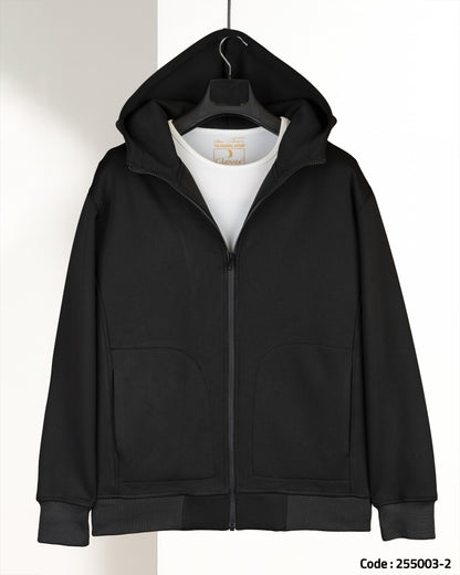 Black Modern Full-Zipper Plain Cotton Hoodie