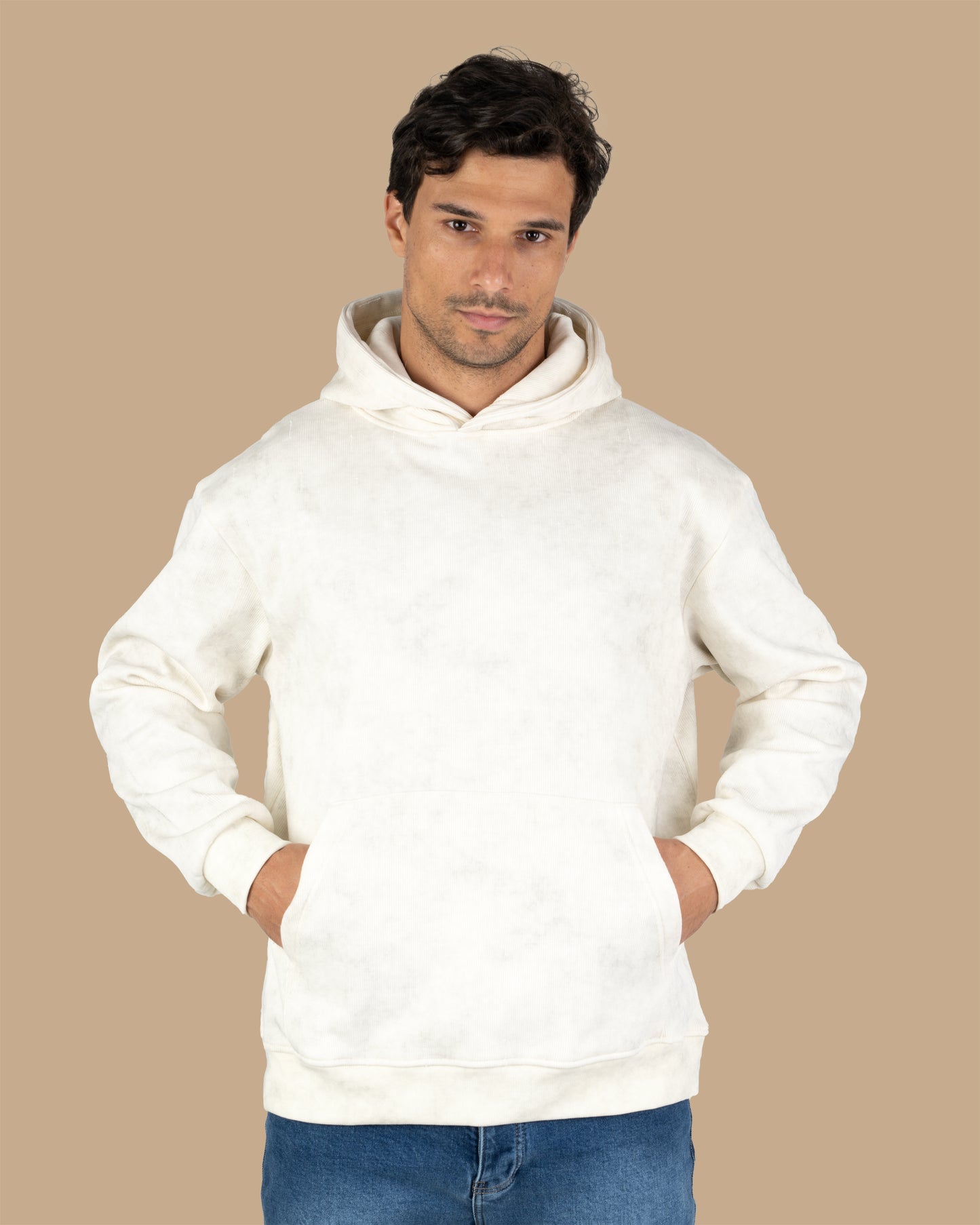 Beige Acid Wash With Defined Seam Lines Cotton Hoodie