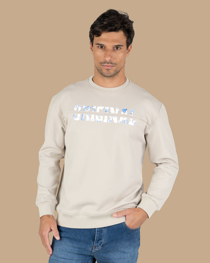 Beige Round-Neck Printed Cotton Hoodie