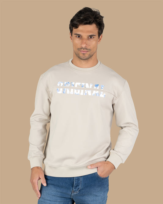 Beige Round-Neck Printed Cotton Hoodie