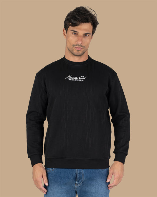 Black Round-Neck Printed Cotton Hoodie