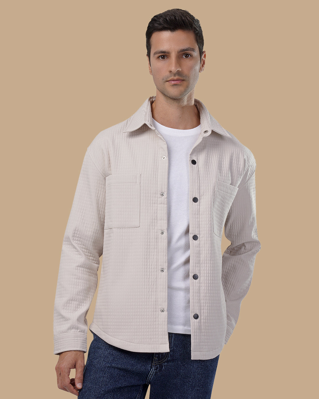 Classic Grid-Textured Quilted Jacket - Beige