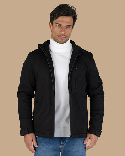 Black Gabardine Hooded Jacket