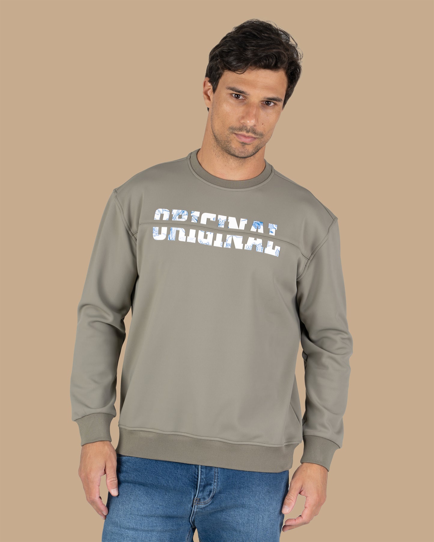 Khaki Round-Neck Printed Cotton Hoodie