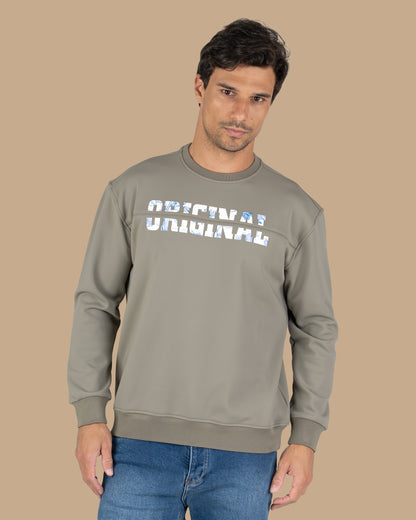 Khaki Round-Neck Printed Cotton Hoodie