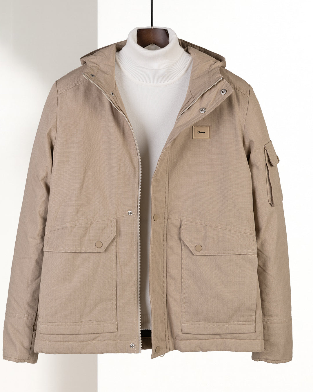 Beige Gabardine Hooded Jacket with Pockets