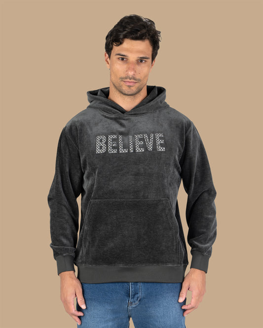 Dark-Grey Printed Velvet Hoodie
