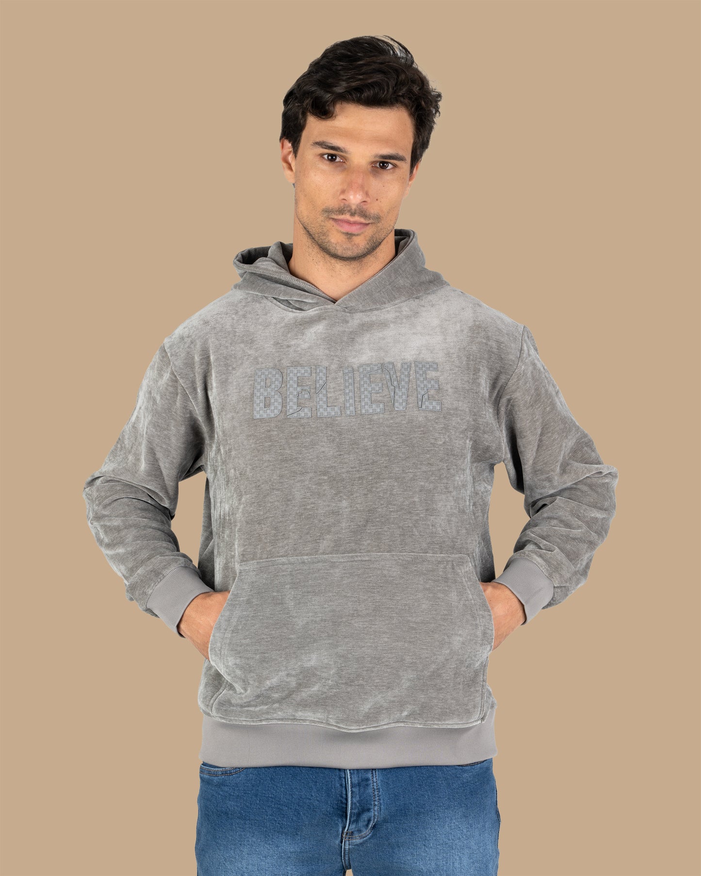 Grey Printed Velvet Hoodie