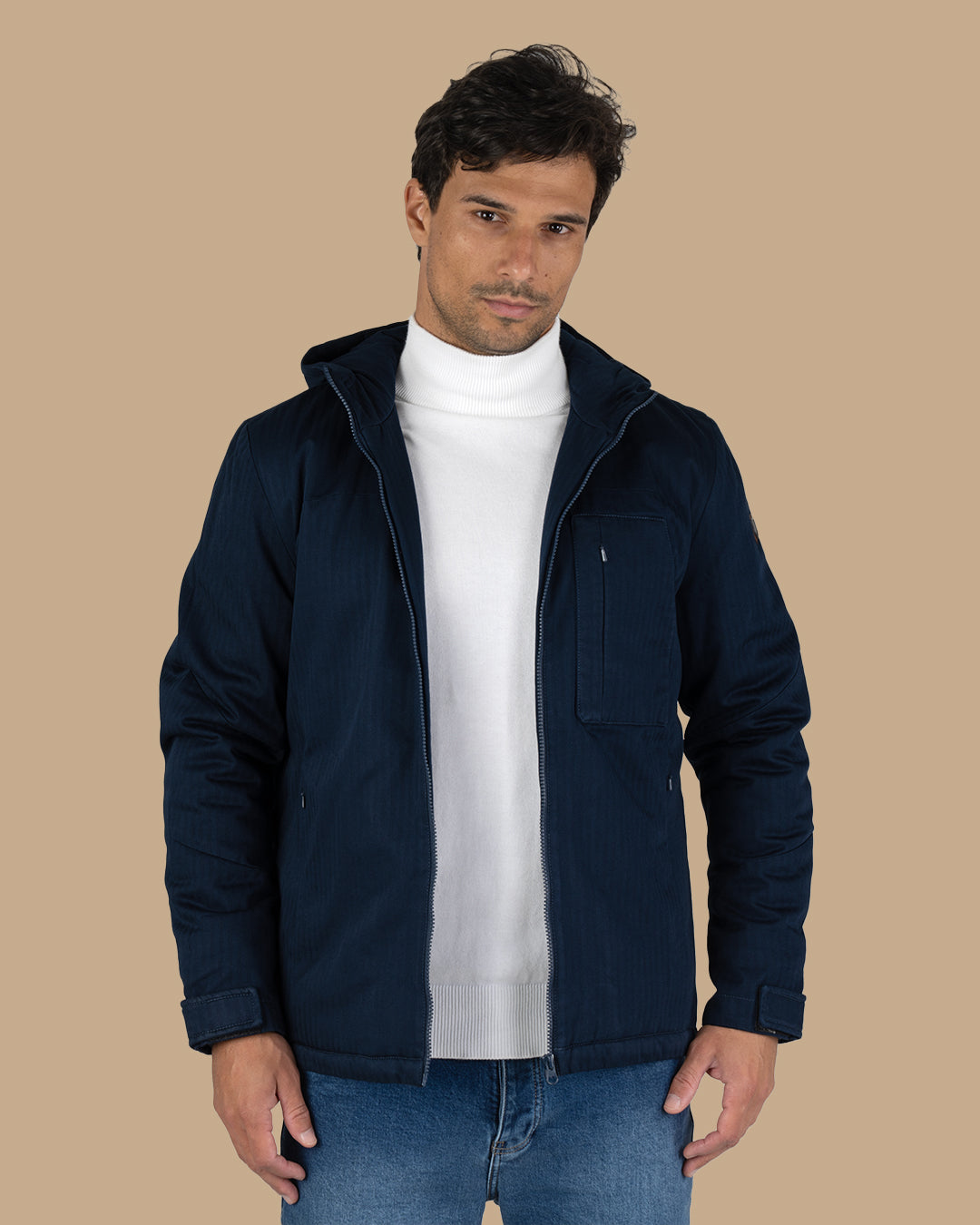 Navy-blue Gabardine Hooded Jacket