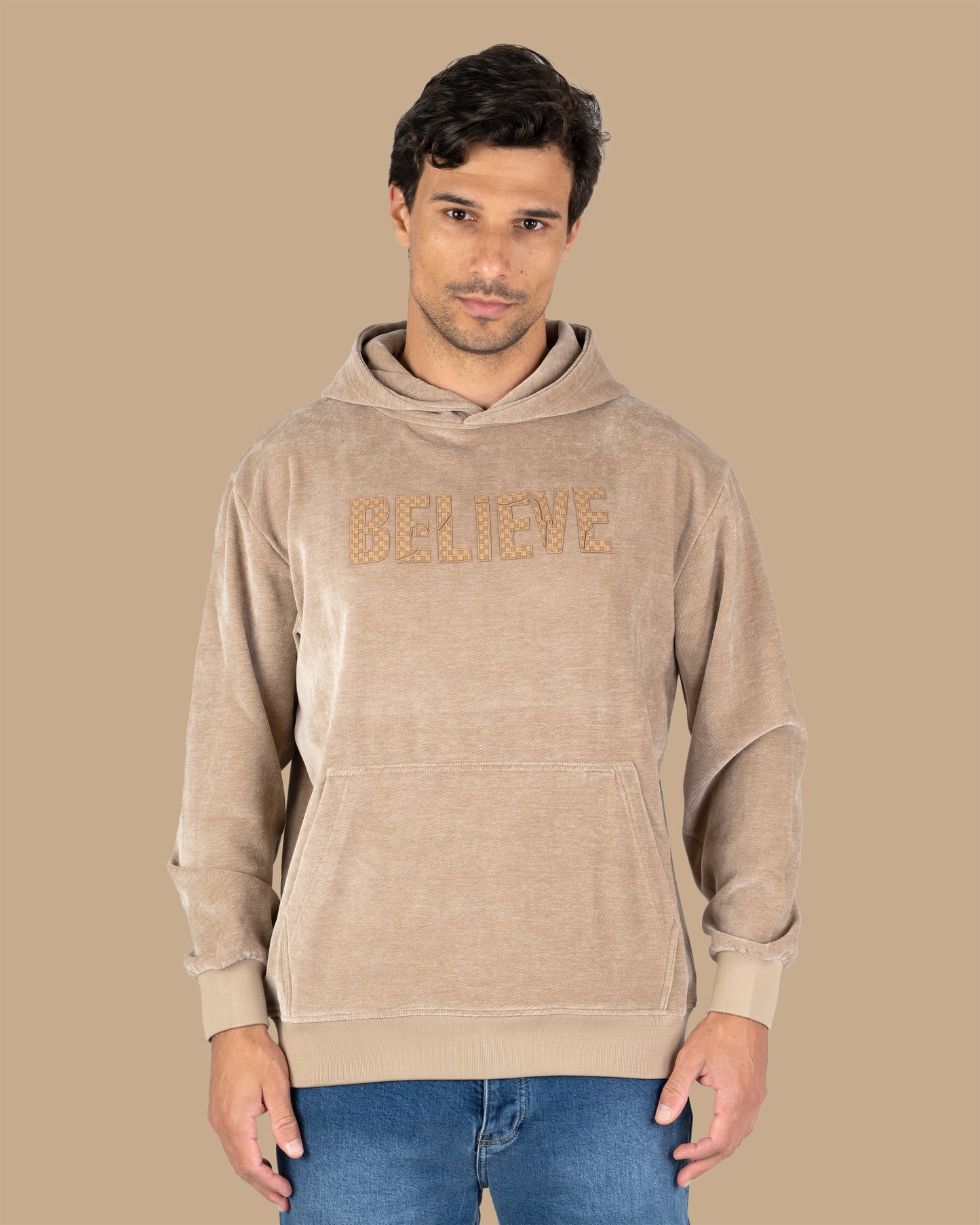 Beige Printed Velvet Hoodie