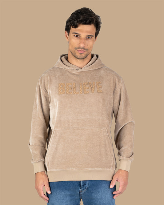 Beige Printed Velvet Hoodie