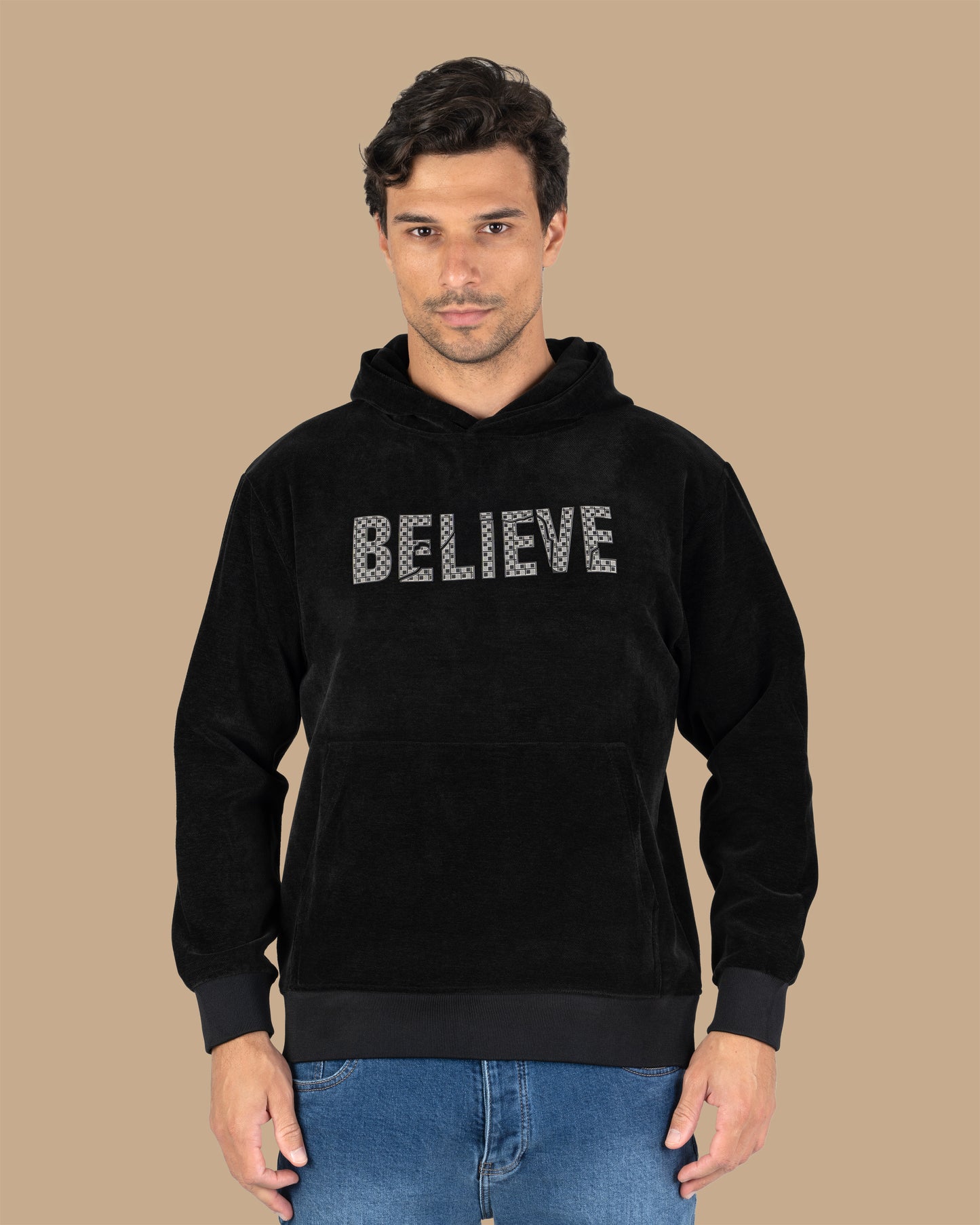 Black Printed Velvet Hoodie