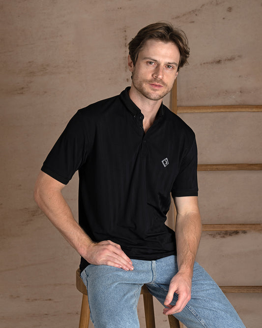 Black Cotton Polo Shirt With Button